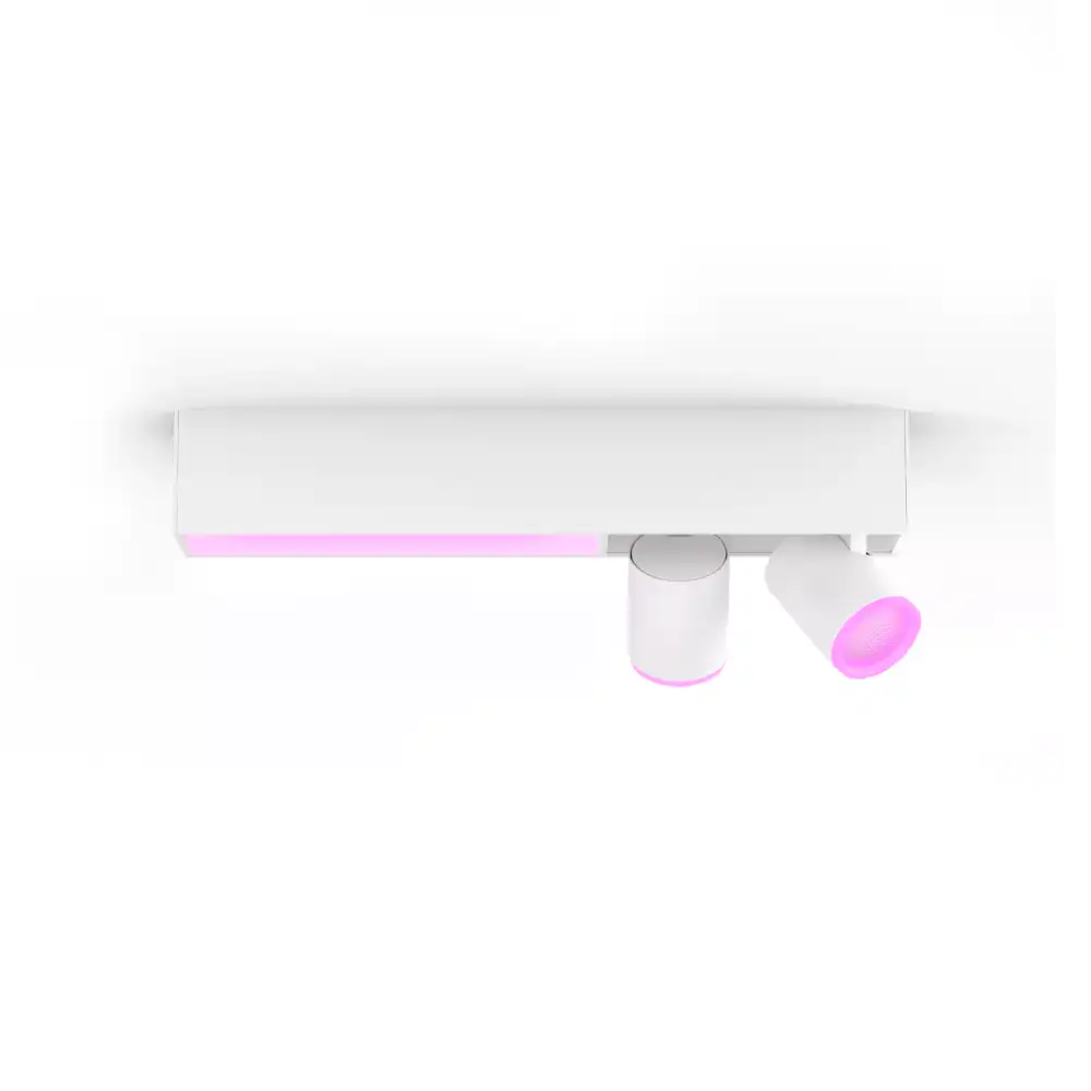 Regleta Centris Philips Hue blanca con 2 focos White & Color con luz rosa encendida.