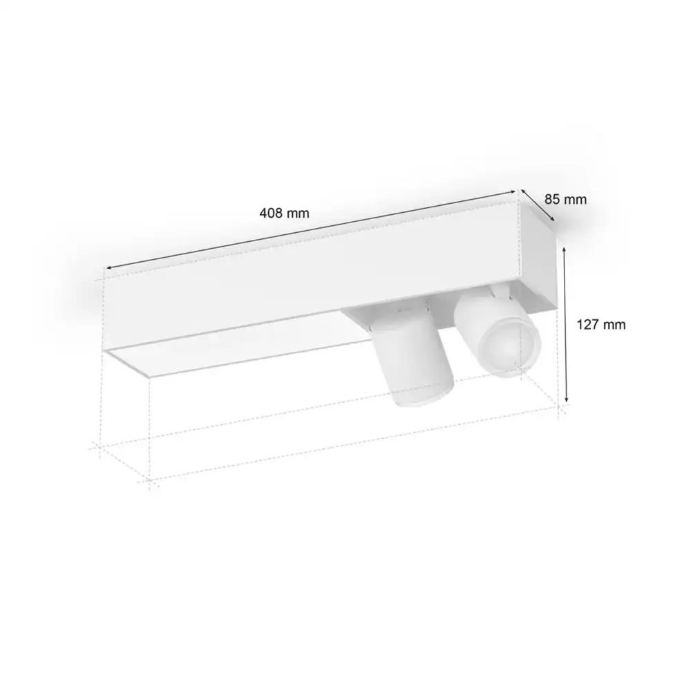 Regleta Centris Philips Hue blanca con 2 focos White & Color vista técnica con medidas.
