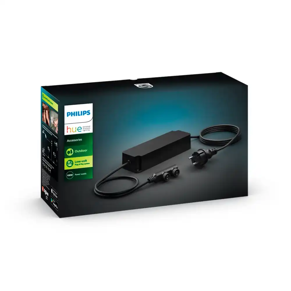 Fuente de alimentación Philips Hue 100W para exterior con caja original del producto.