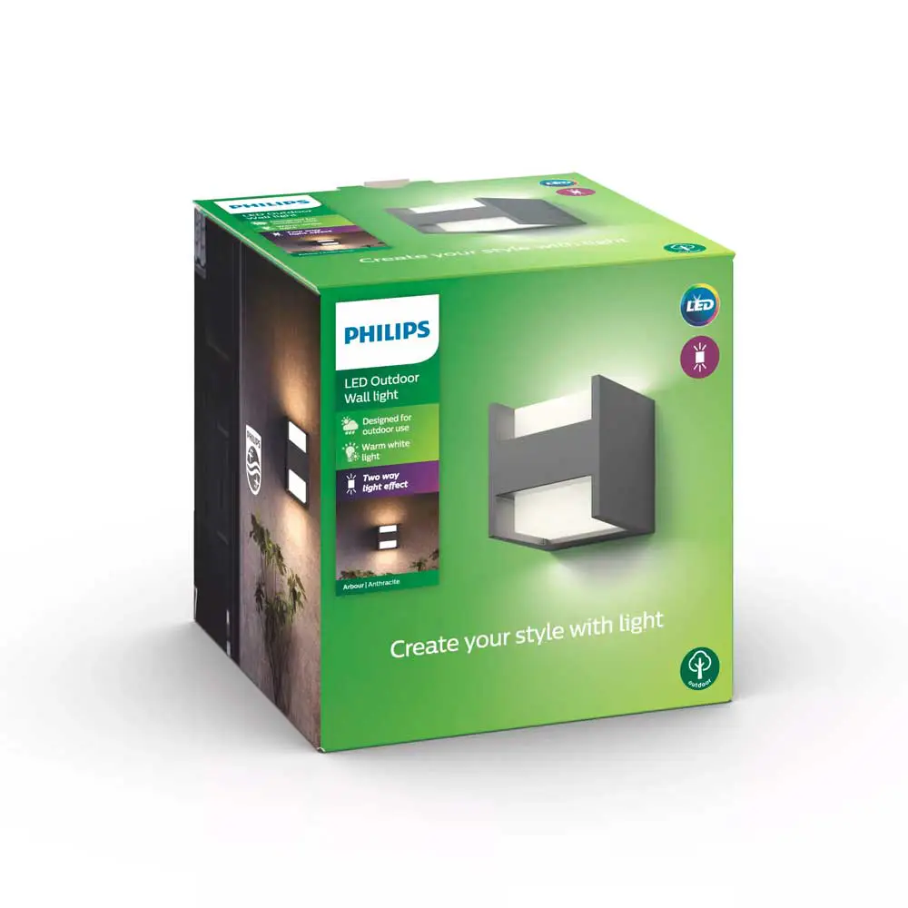 tiendas deco aplique arbour led 2 x 45w 2700k antracita ip44 philips 3