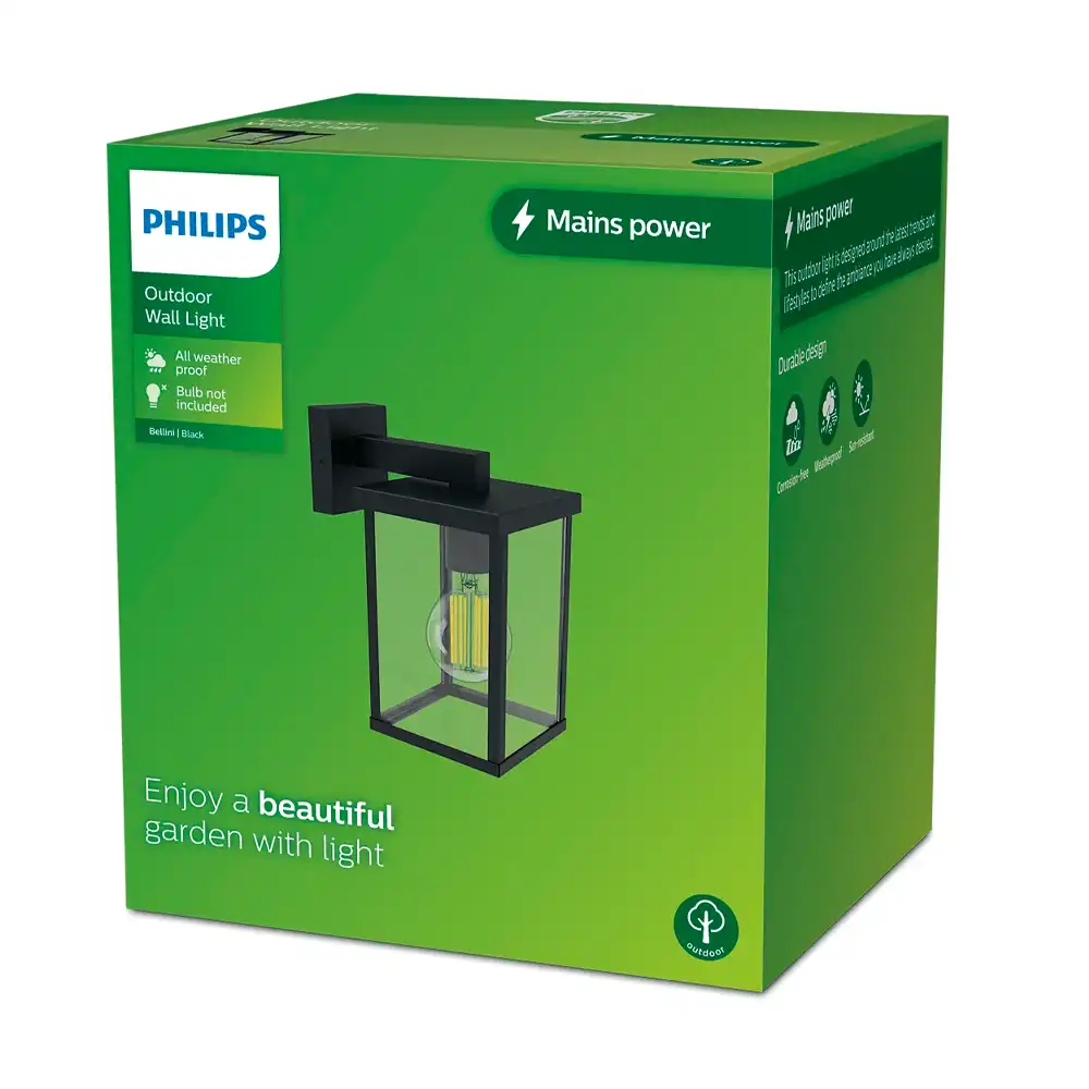 Caja packaging aplique exterior Philips Bellini negro cuadrado IP44 E27