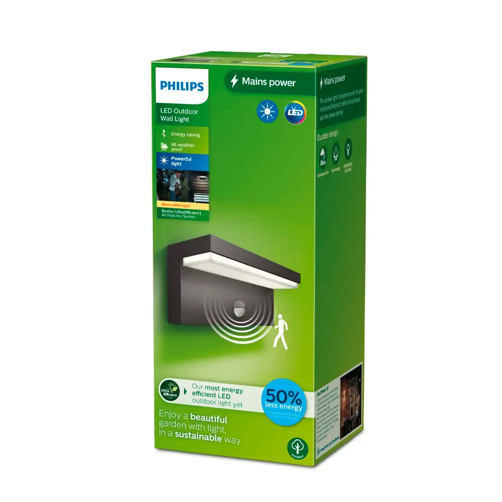 tiendas deco aplique bustan led 1 x 3 8w 2700k ultra eficiente con sensor antracita ip44 philips 3