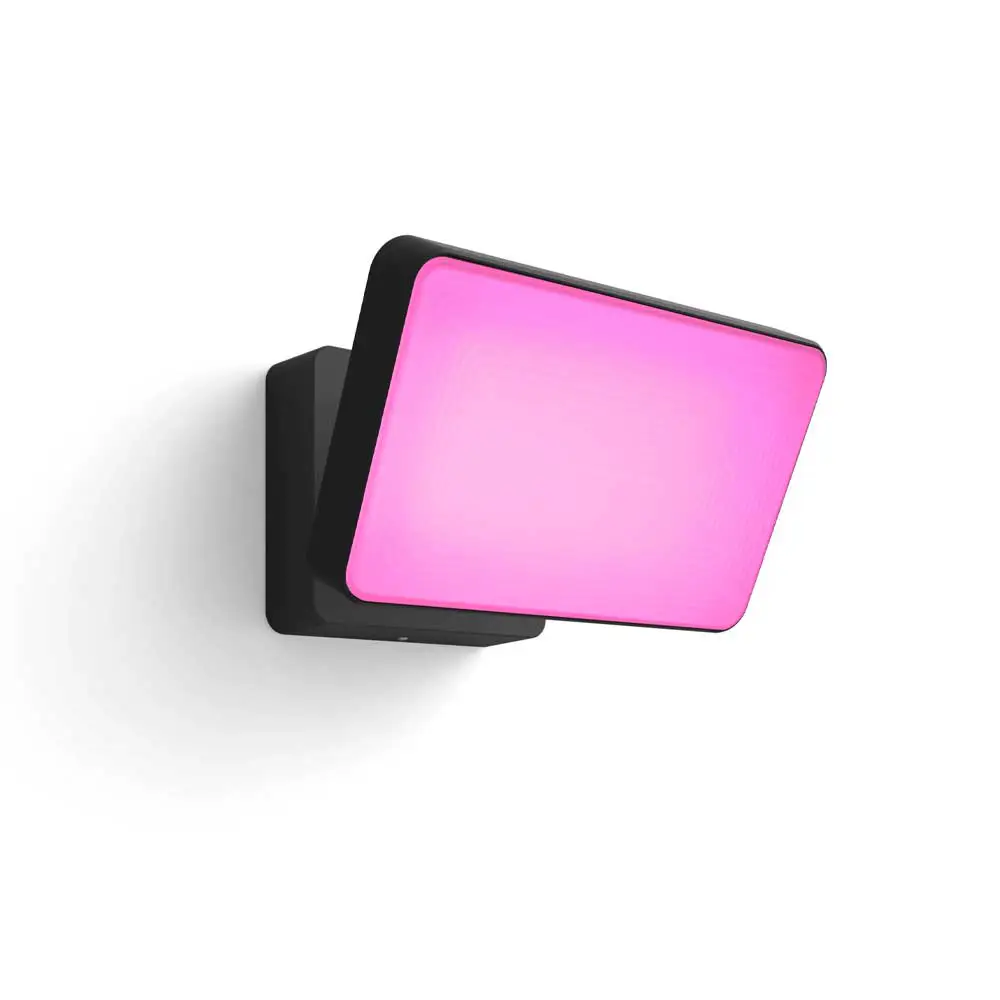 Aplique exterior Discover Philips Hue negro encendido en color rosa.