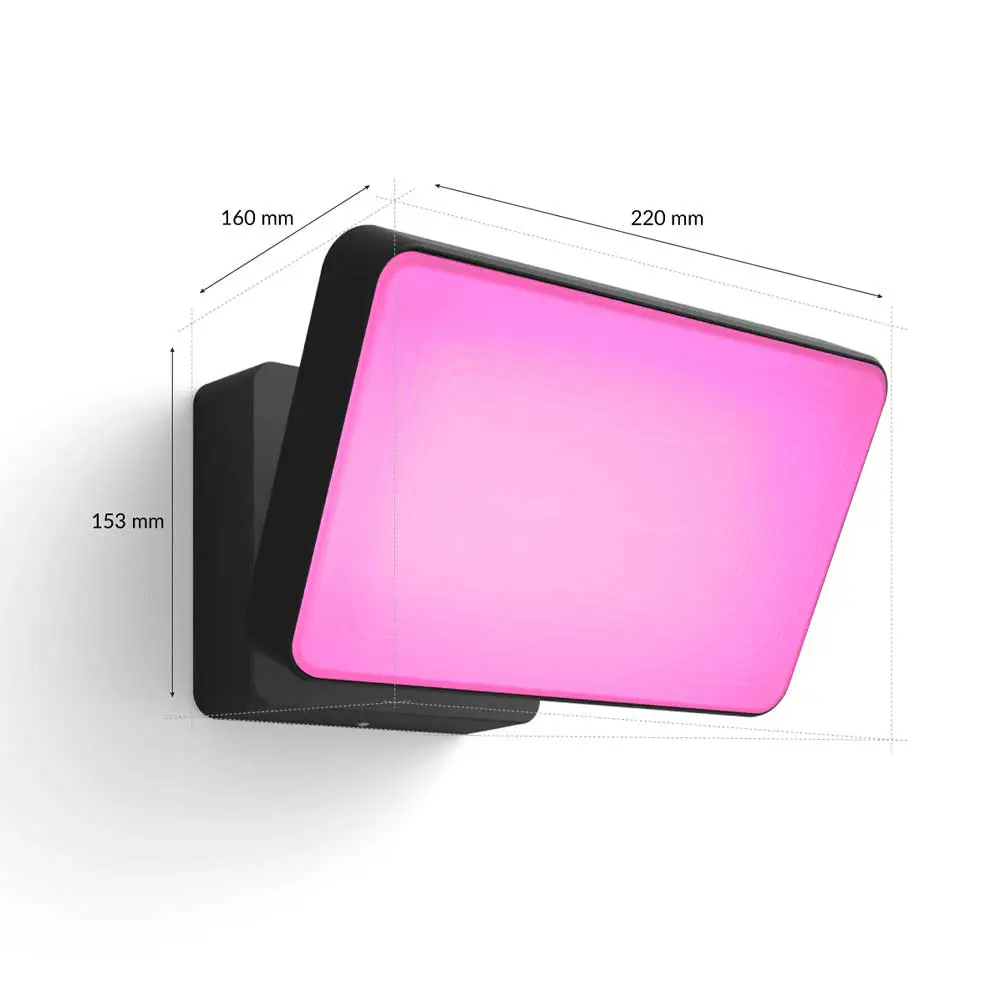 Aplique exterior Discover Philips Hue negro vista frontal con medidas.