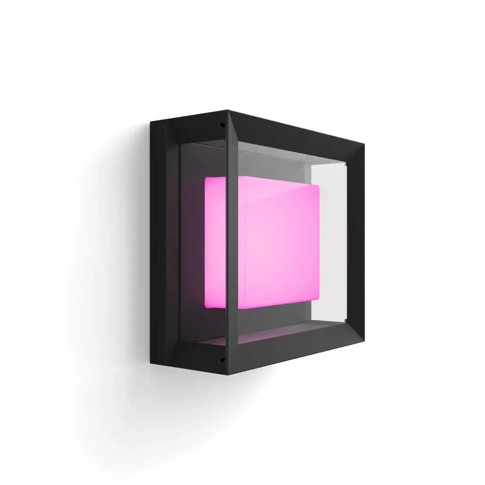 Aplique exterior Econic Philips Hue negro encendido con luz rosa interior.