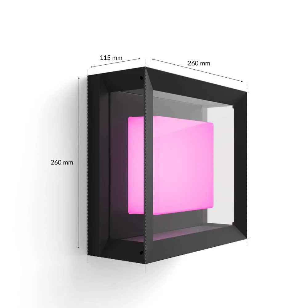Aplique exterior Econic Philips Hue negro vista frontal con medidas.