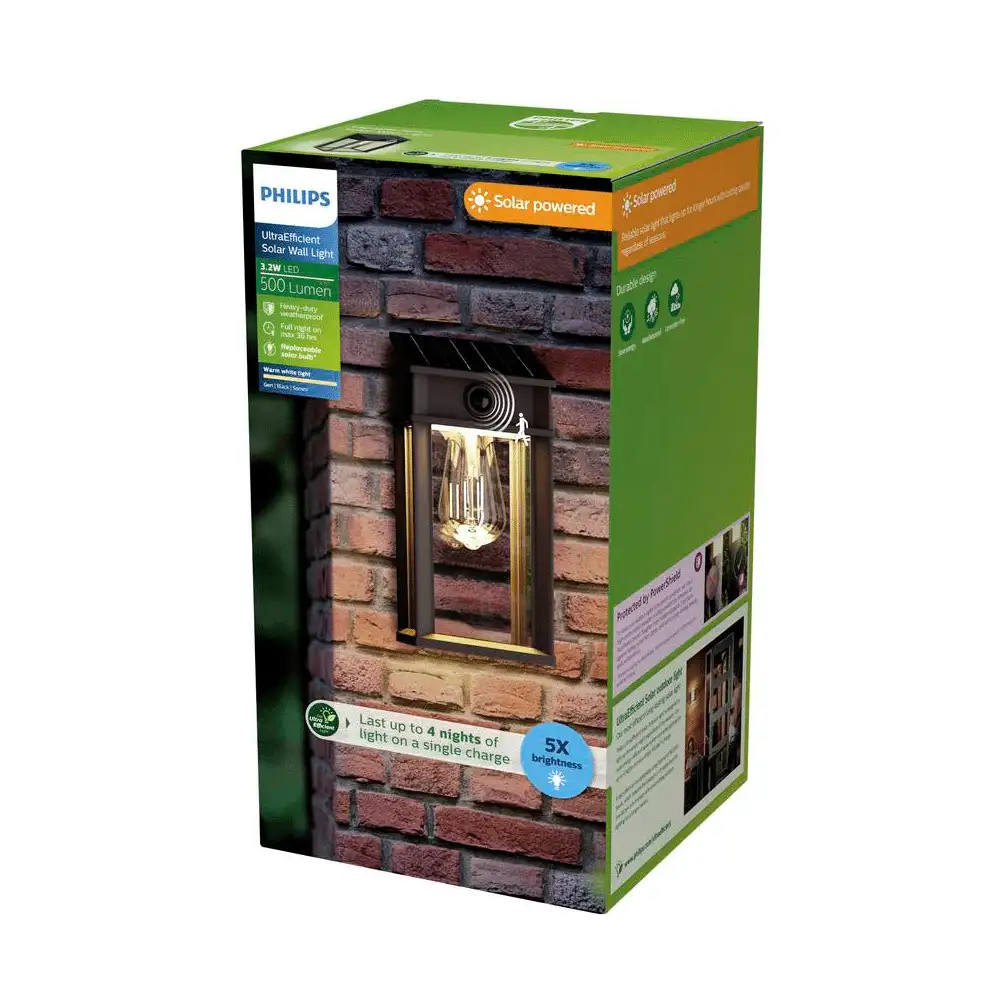 tiendas deco aplique geri c led 1 x 32w 2700k solar con sensor ultra eficiente negro ip44 philips 3