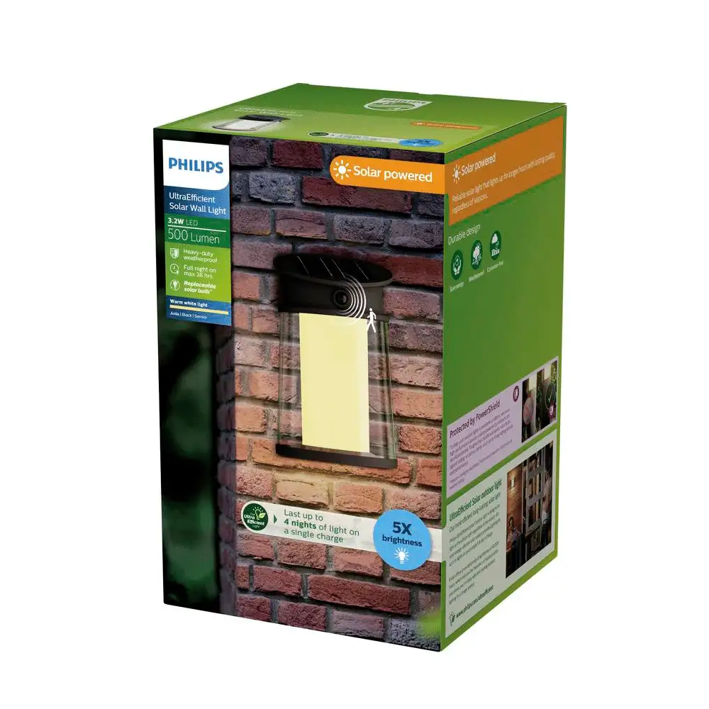 tiendas deco aplique juda led 1 x 32w 2700k solar con sensor ultra eficiente negro ip44 philips 3