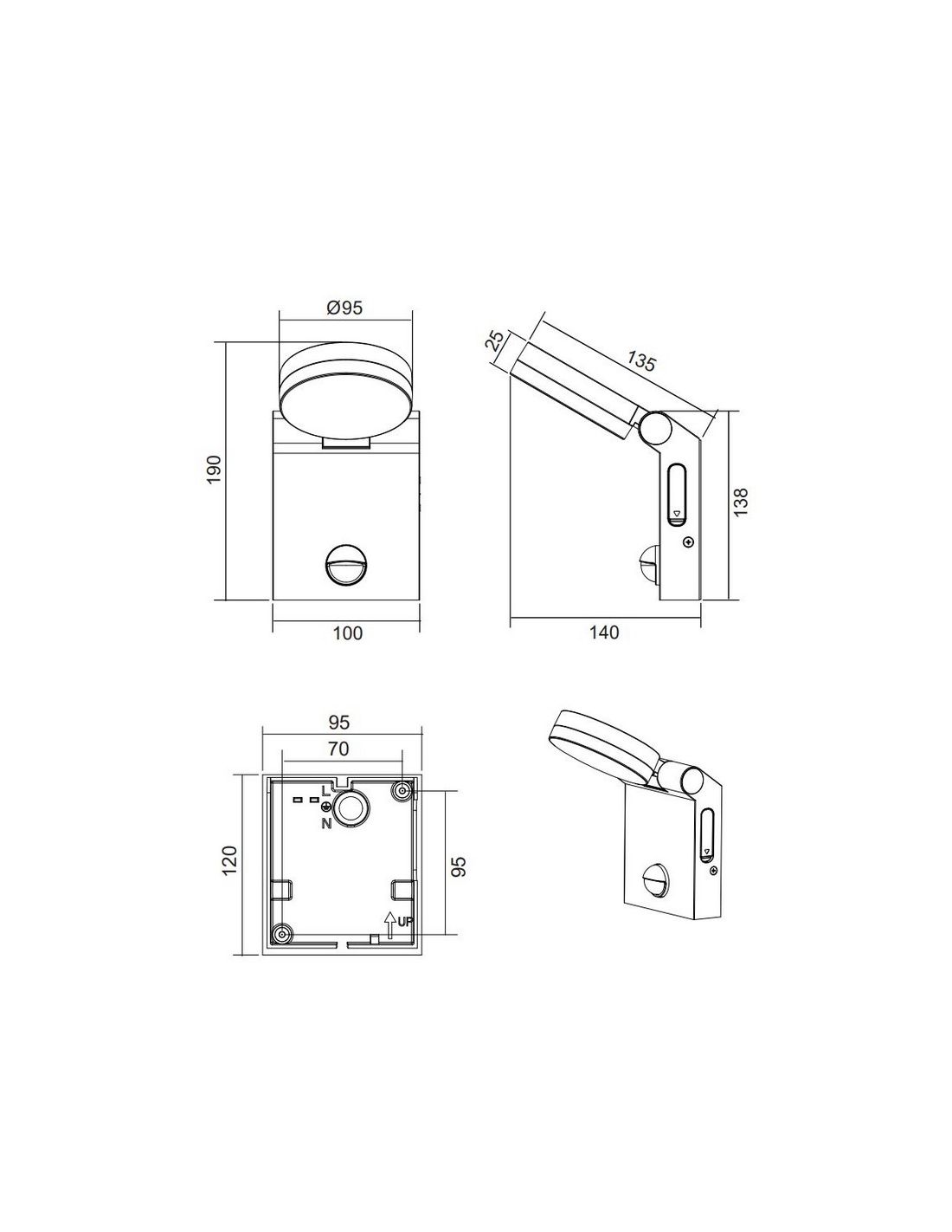 Aplique LED Adour 7.5W 750lm regulable con sensor IP44 negro Trio Lighting plano técnico