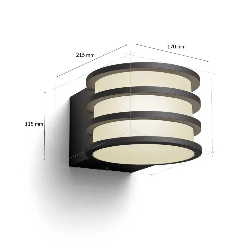 Aplique exterior Lucca Philips Hue negro antracita vista frontal con medidas.