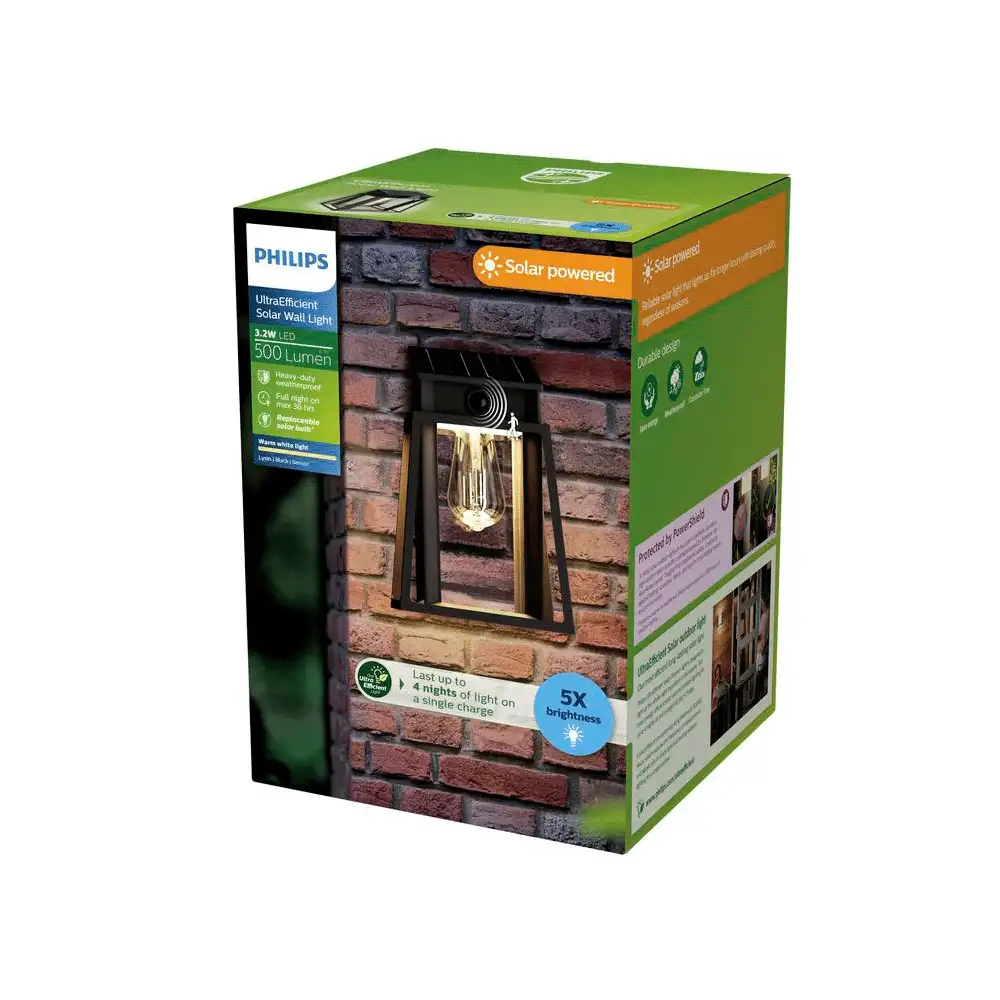 tiendas deco aplique lysin led 1 x 32w 2700k solar con sensor ultra eficiente negro ip44 philips 3