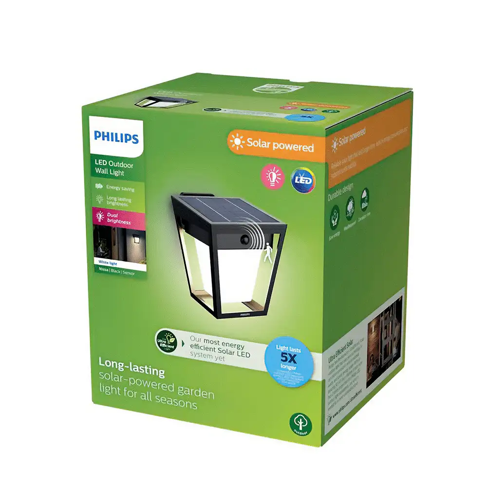 tiendas deco aplique nissa led 1 x 18w 3000k solar con sensor ultra eficiente negro ip44 philips 3
