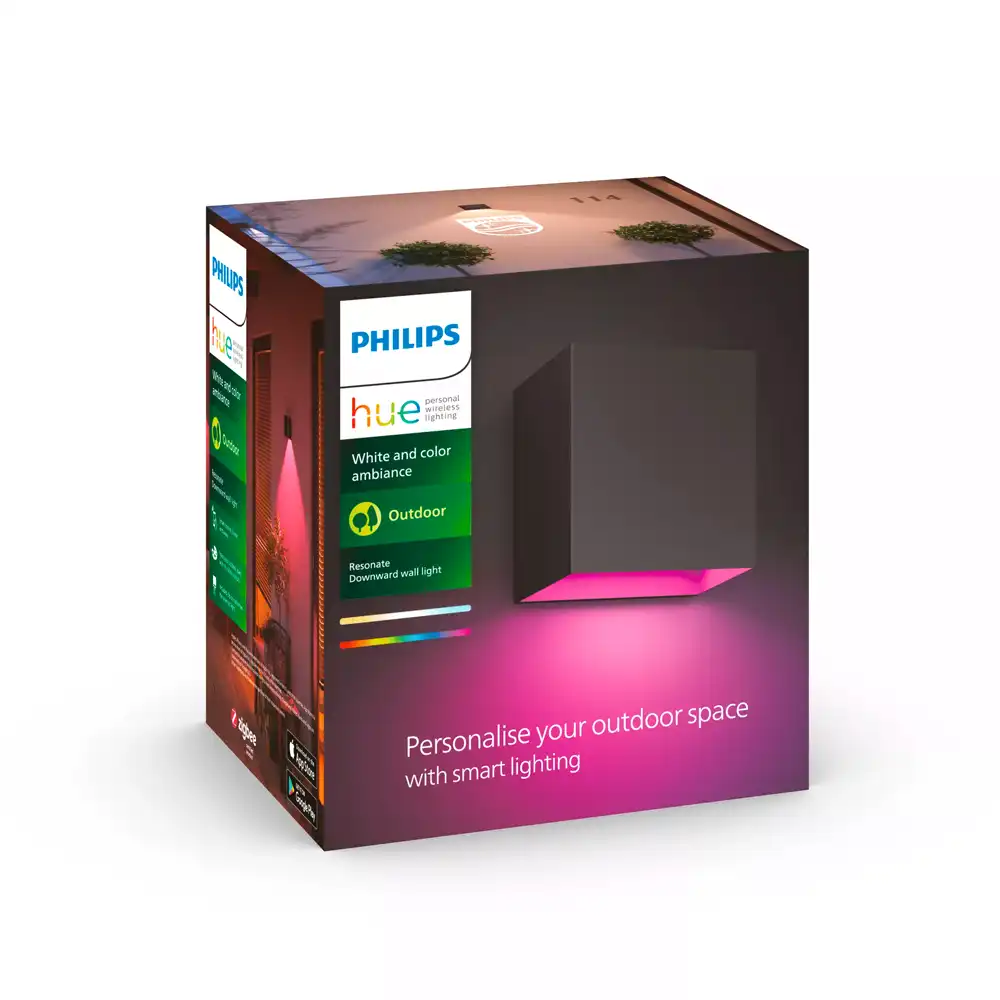 Aplique exterior Resonate Downward Philips Hue negro con caja original del producto.