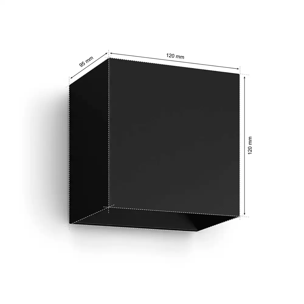 Aplique exterior Resonate Downward Philips Hue negro vista lateral con medidas y dimensiones técnicas.