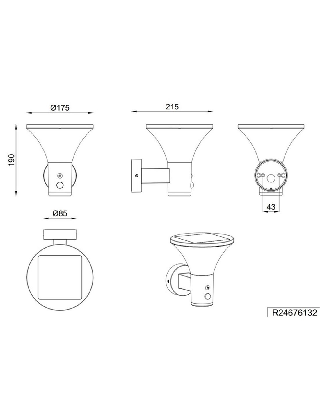 Aplique solar LED Gorda 3.5W 500lm 4000K IP44 regulable con sensor Trio Lighting esquema técnico y medidas