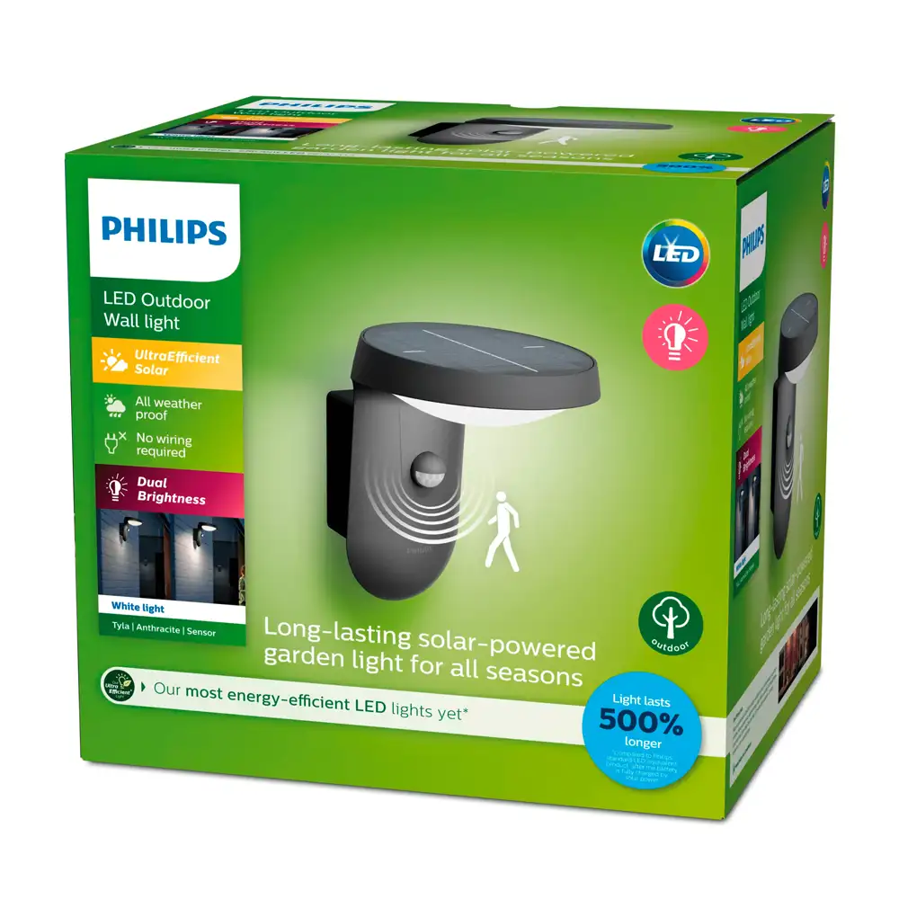 tiendas deco aplique tyla led 1 x 12w 3000k solar con sensor antracita ip44 philips 3