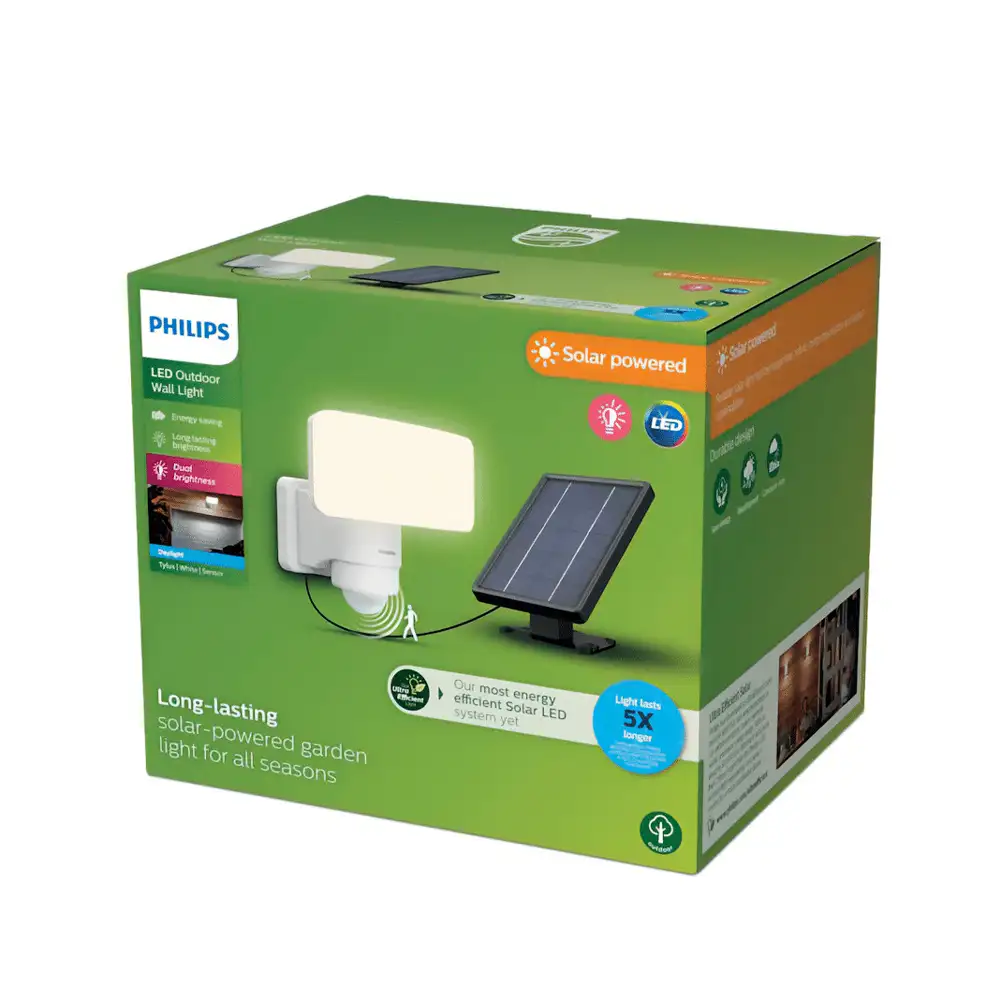 tiendas deco aplique tylus led 1 x 6w 3000k solar con sensor ultra eficiente blanco ip44 philips 3
