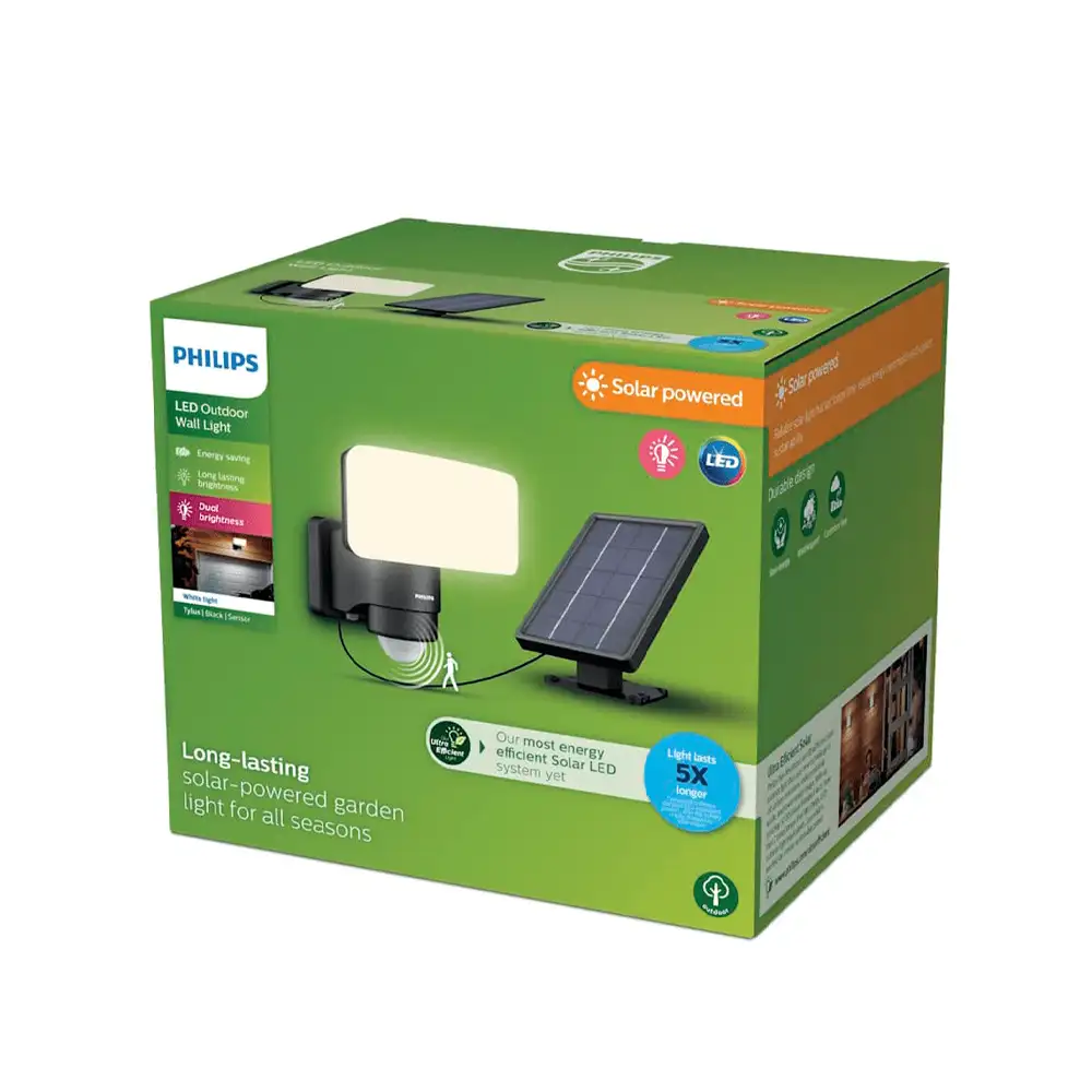 tiendas deco aplique tylus led 1 x 6w 3000k solar con sensor ultra eficiente negro ip44 philips 3