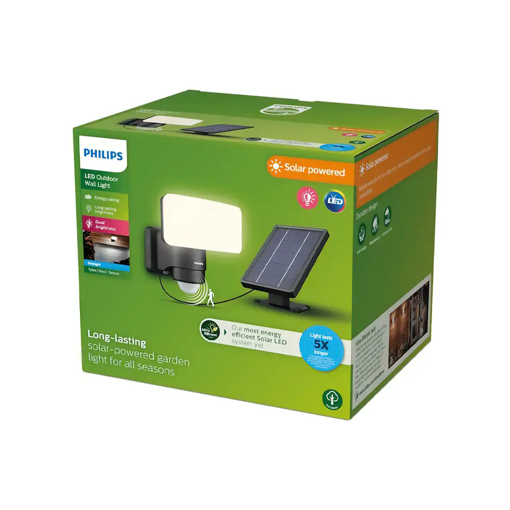 tiendas deco aplique tylus led 1 x 6w 5000k solar con sensor ultra eficiente negro ip44 philips 3
