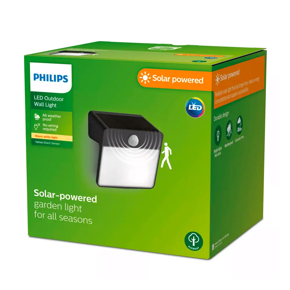 Caja packaging aplique solar Philips Yarixa LED 2.2W 2700K con sensor