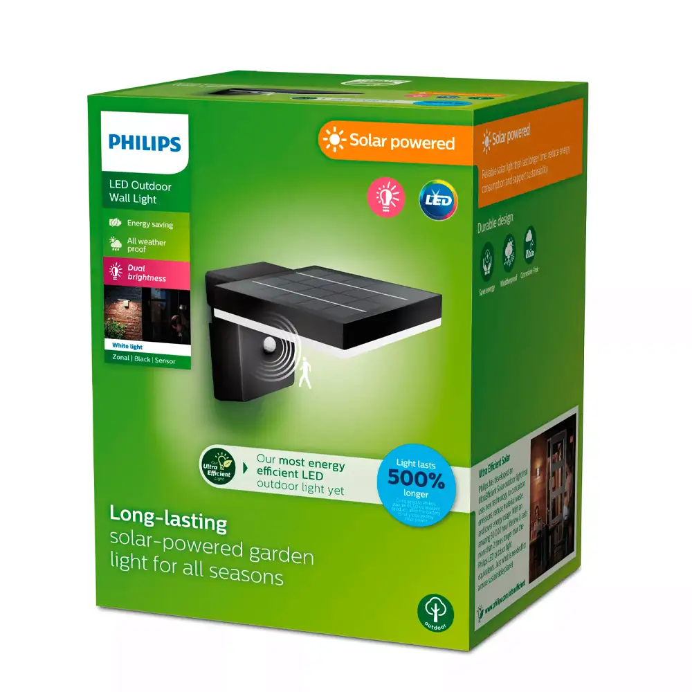 tiendas deco aplique zonal c led 1 x 13w 3000k solar con sensor ultra eficiente negro ip44 philips 3