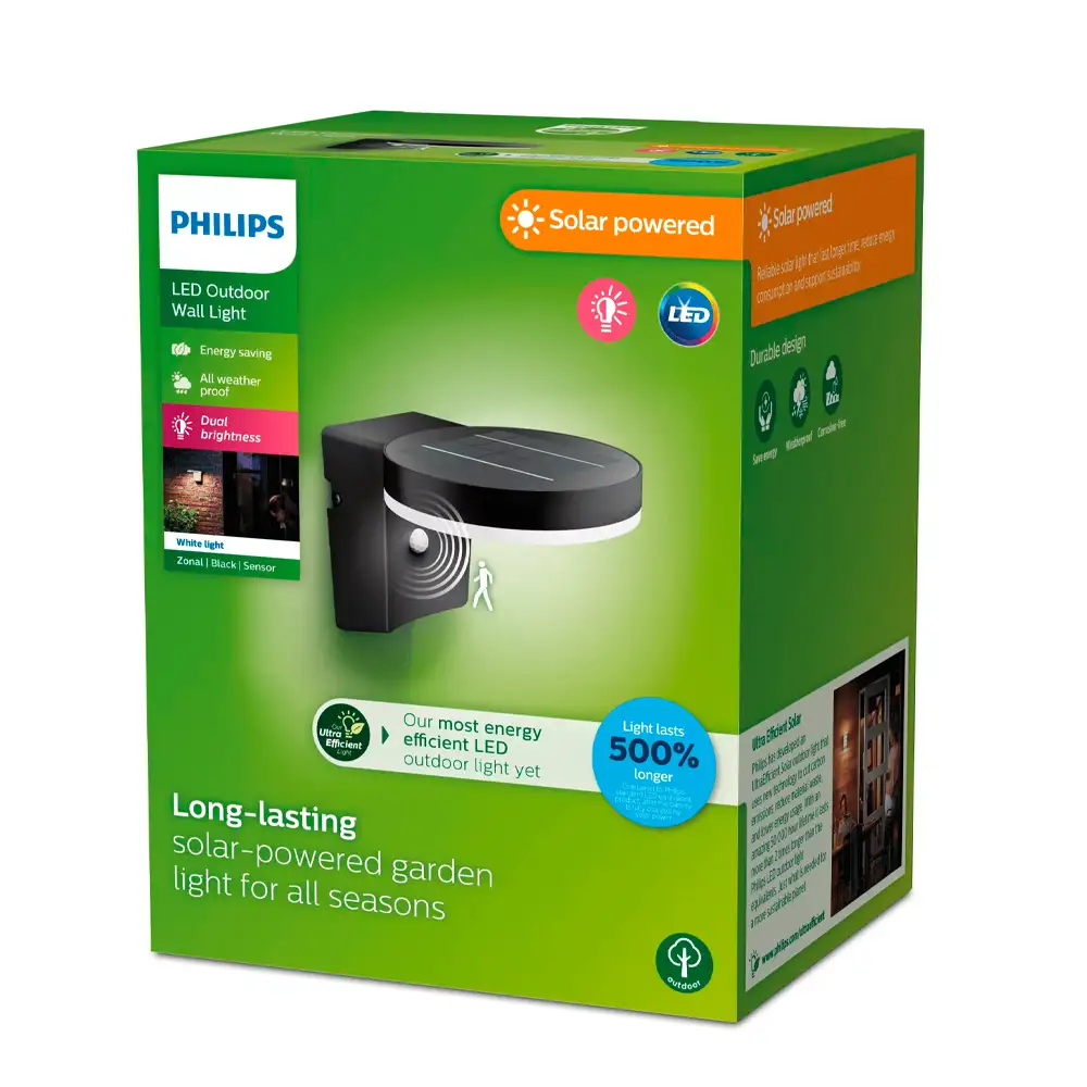 tiendas deco aplique zonal r led 1 x 13w 3000k solar con sensor ultra eficiente negro ip44 philips 3