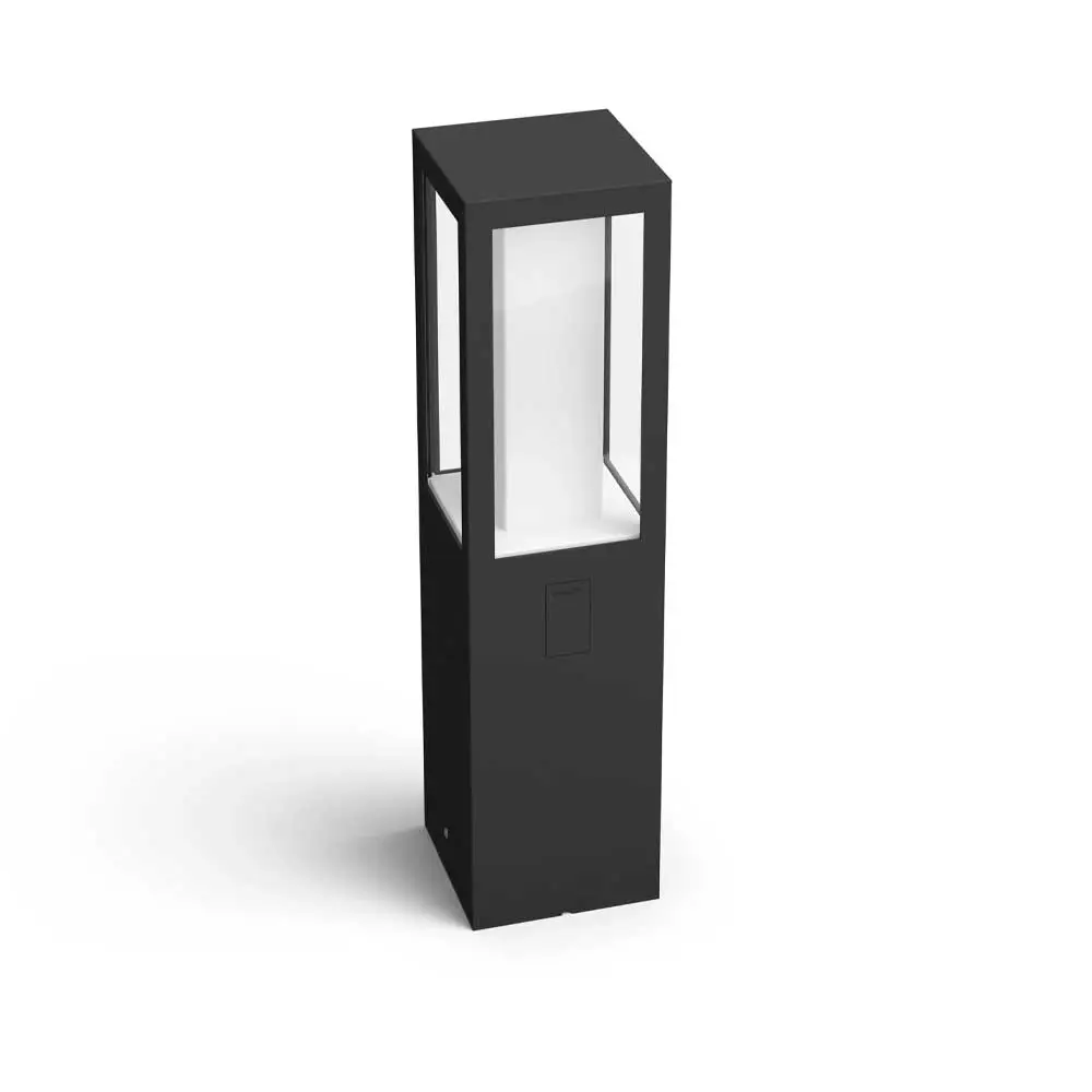 Baliza Impress Philips Hue negro vista lateral con estructura rectangular moderna.