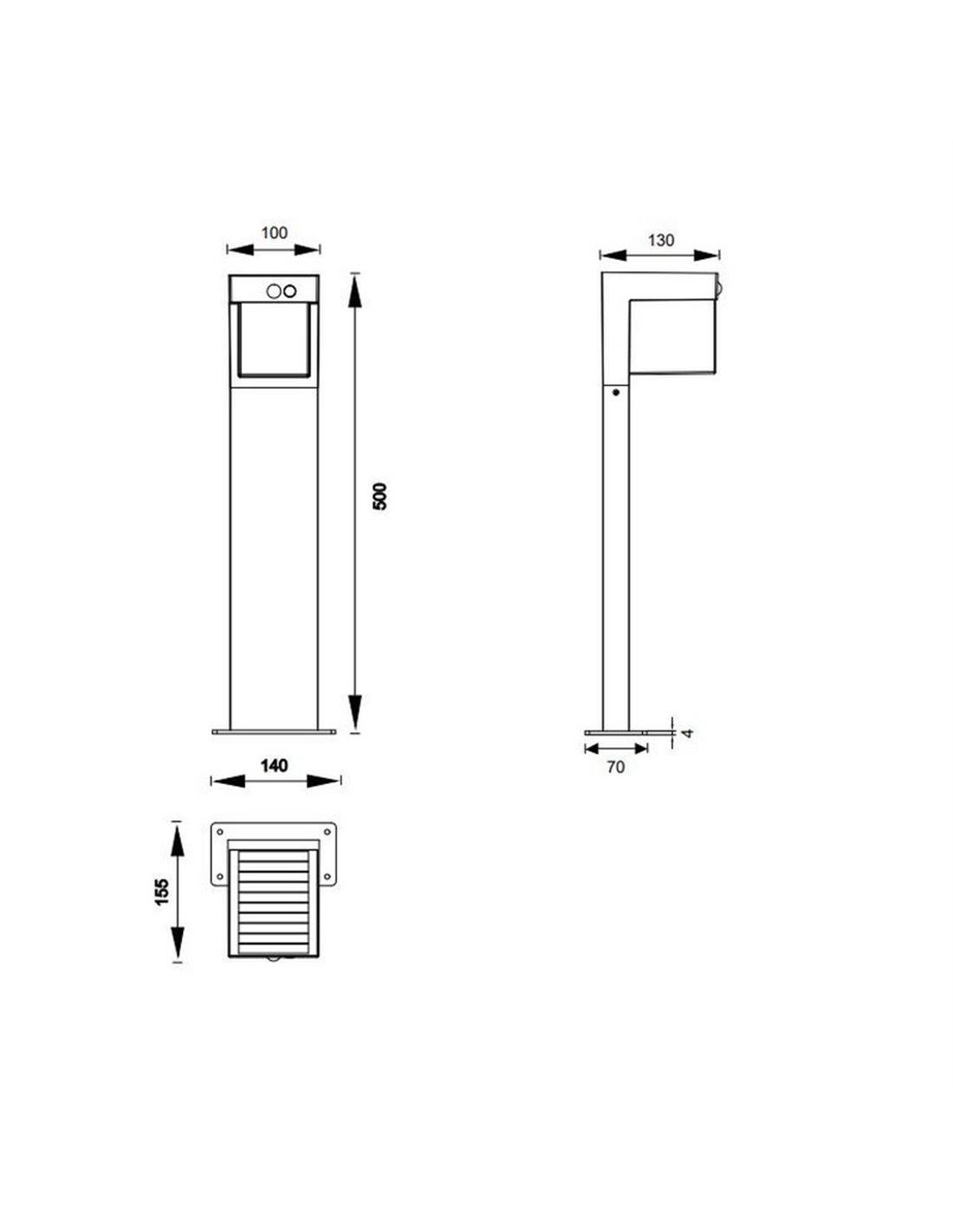 Baliza solar LED Colombo 50cm 5.5W 650lm 4000K IP44 con sensor Trio Lighting plano técnico