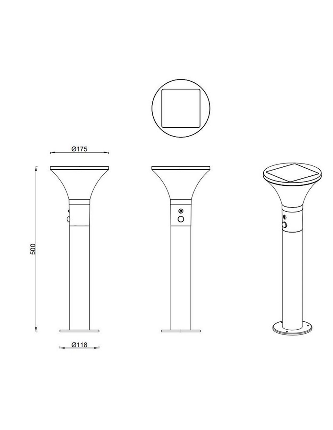 Baliza solar LED Gorda 50cm 3.5W 500lm 4000K IP44 con sensor Trio Lighting plano técnico medidas