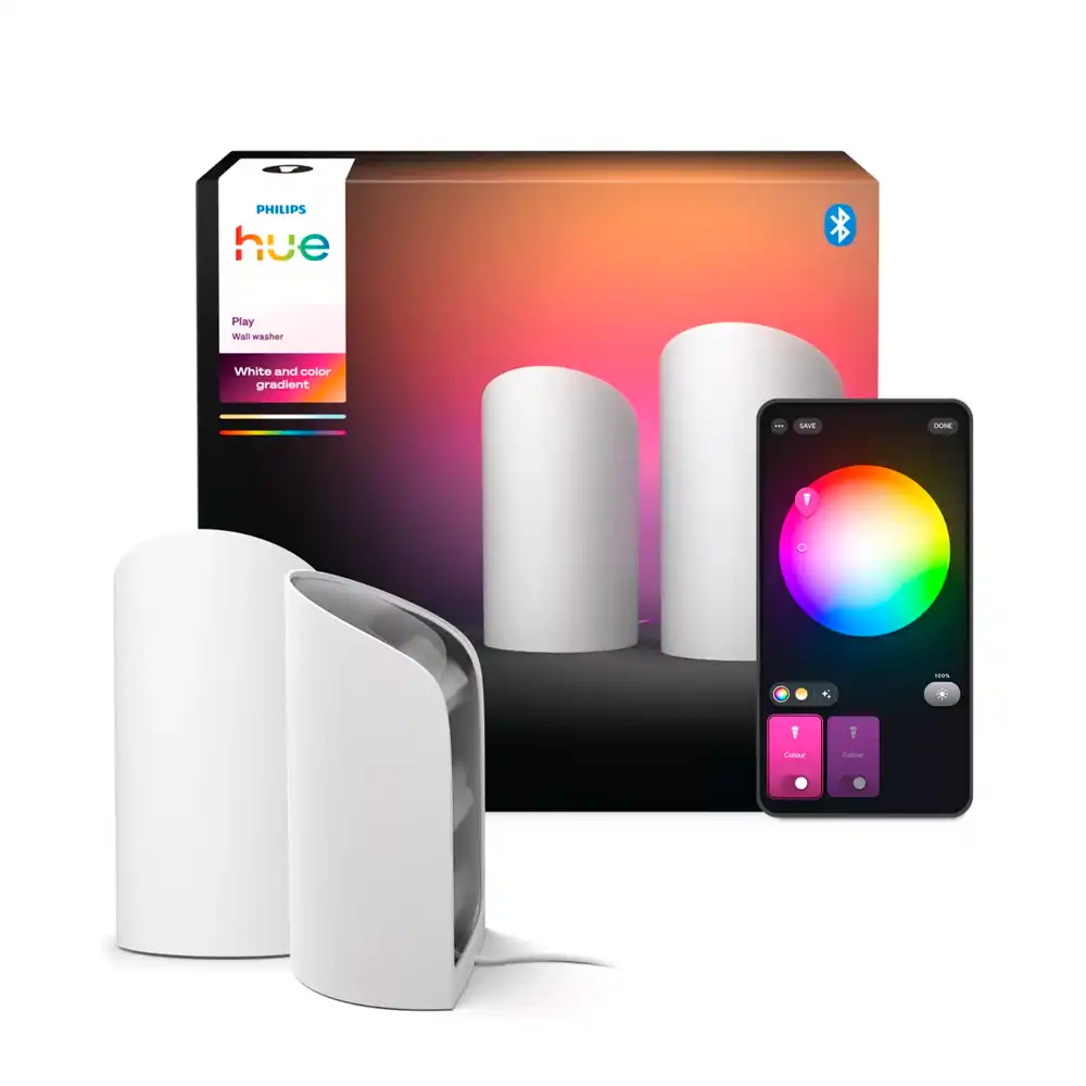 Contenido del pack Play Wall Washer 2 Philips Hue White & Color con caja original y control desde app.