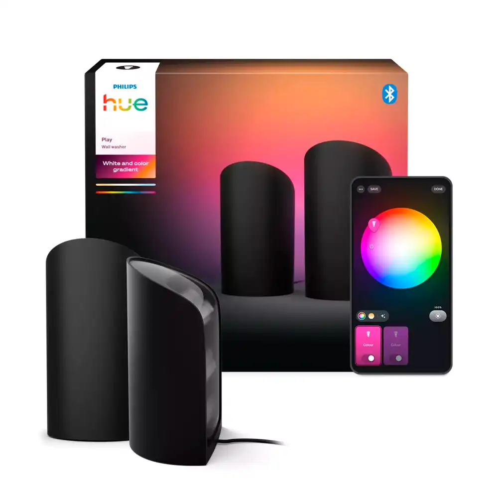 Contenido del pack Play Wall Washer 2 Philips Hue negro con caja original y control desde app.