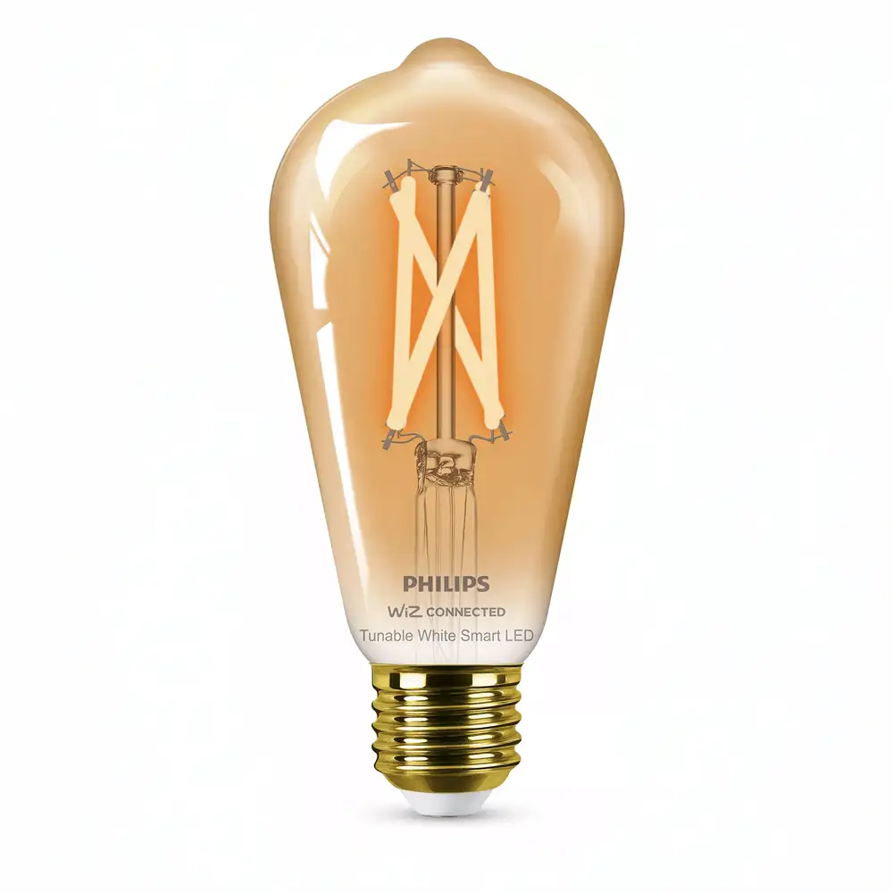 Bombilla Edison LED Philips WiZ 7W E27 2000K-5000K ámbar encendida con filamento visible.