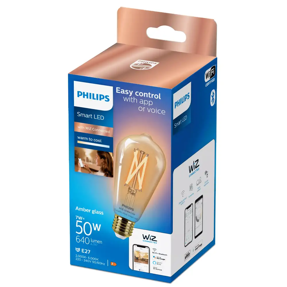 Bombilla Edison LED Philips WiZ 7W E27 2000K-5000K ámbar con caja original.