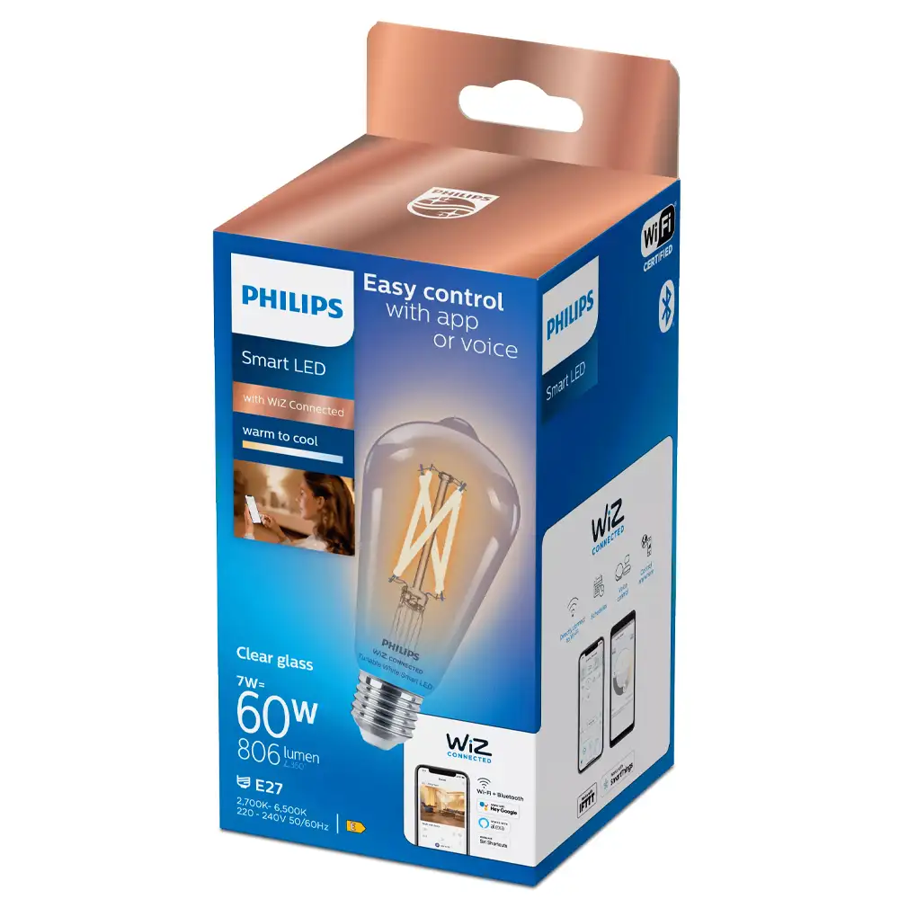 Bombilla Edison LED Philips WiZ 7W E27 2700K-6500K clara con caja original.