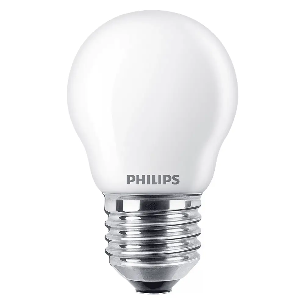 Bombilla esférica LED Philips 40W equivalente E27 2700K mate no regulable vista frontal.