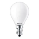 Bombilla esférica LED Philips 60W equivalente E14 2700K mate no regulable vista frontal.