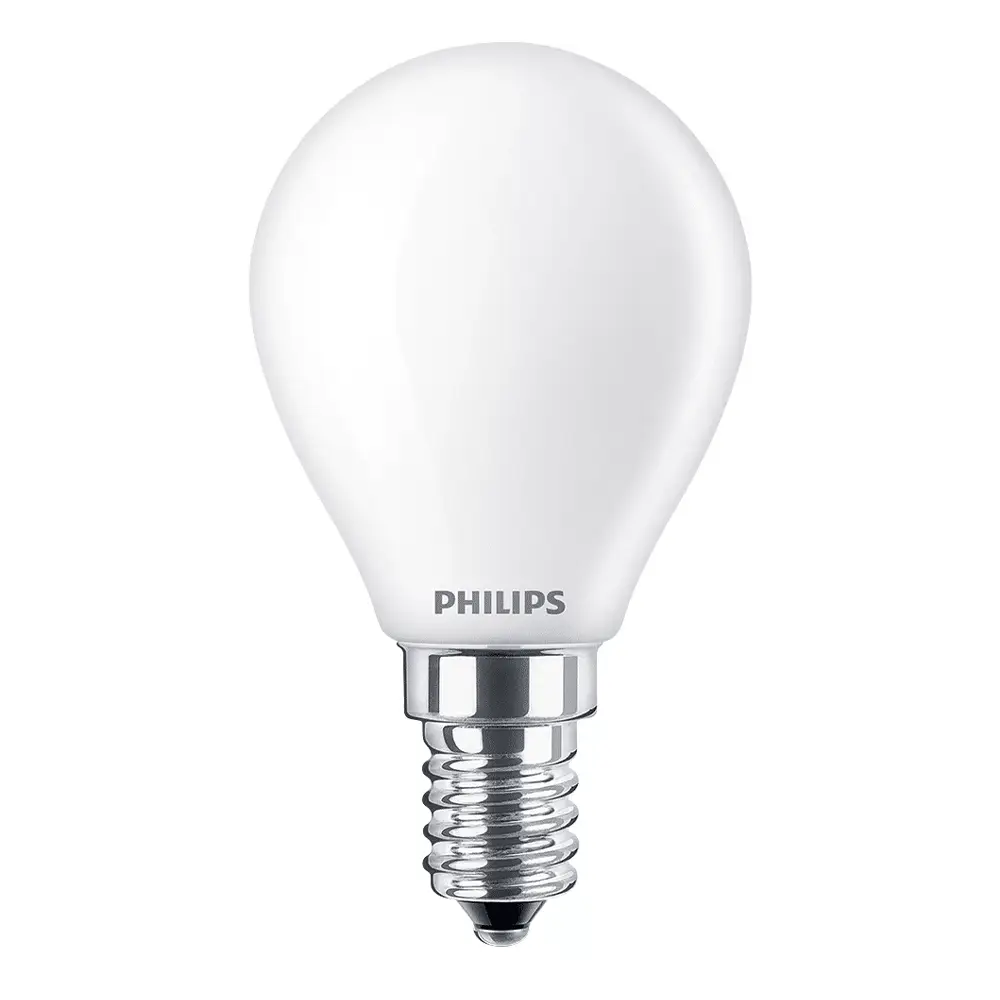 Bombilla esférica LED Philips 60W equivalente E14 2700K mate no regulable vista frontal.