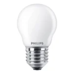 Bombilla esférica LED Philips 60W equivalente E27 2700K luz cálida mate no regulable vista frontal.