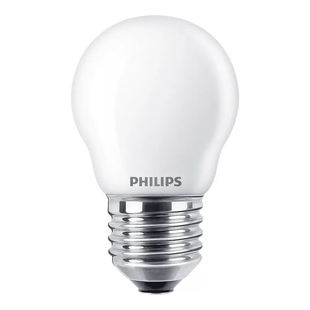 Bombilla esférica LED Philips 60W equivalente E27 2700K luz cálida mate no regulable vista frontal.