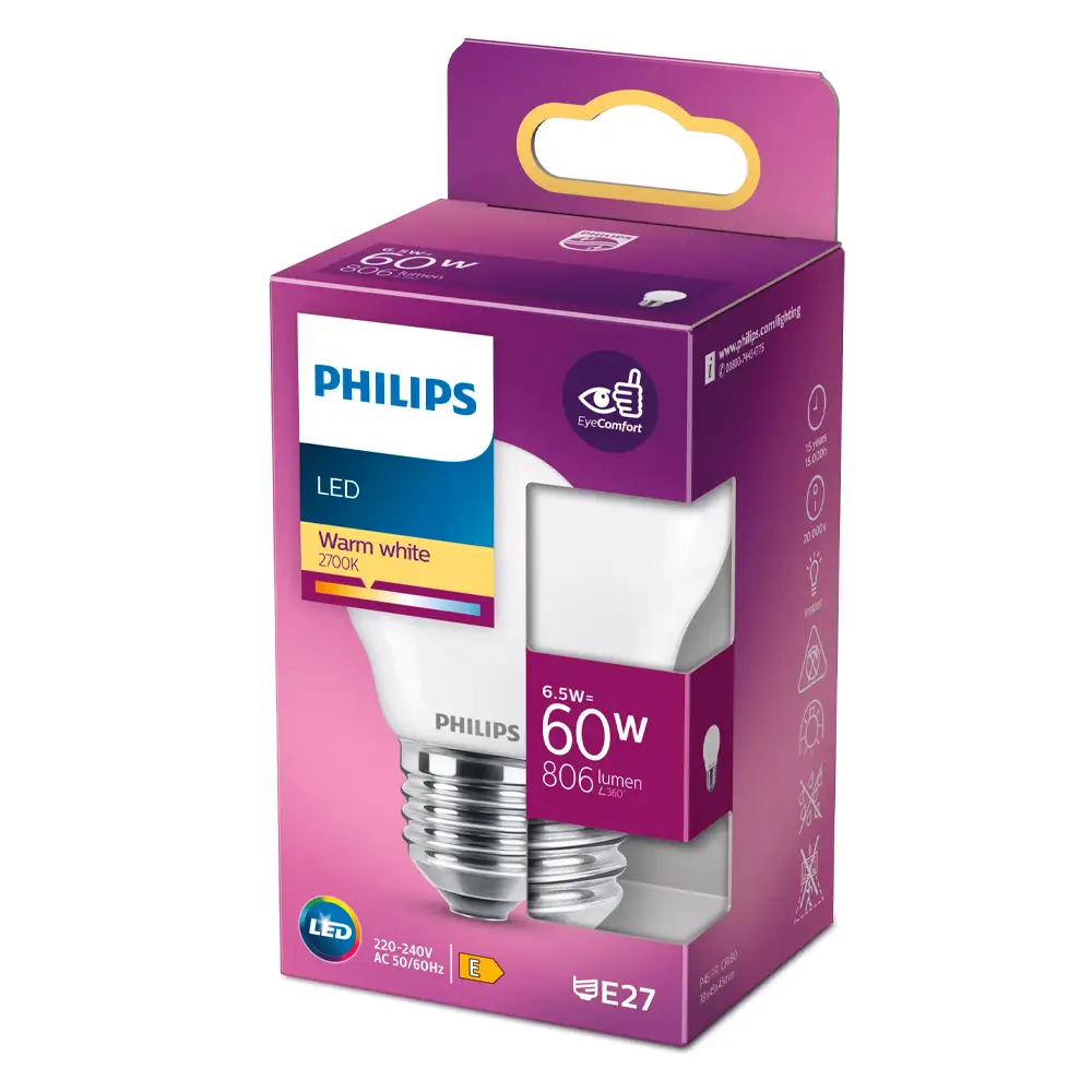 Caja de bombilla esférica LED Philips 60W equivalente E27 2700K luz cálida mate no regulable.