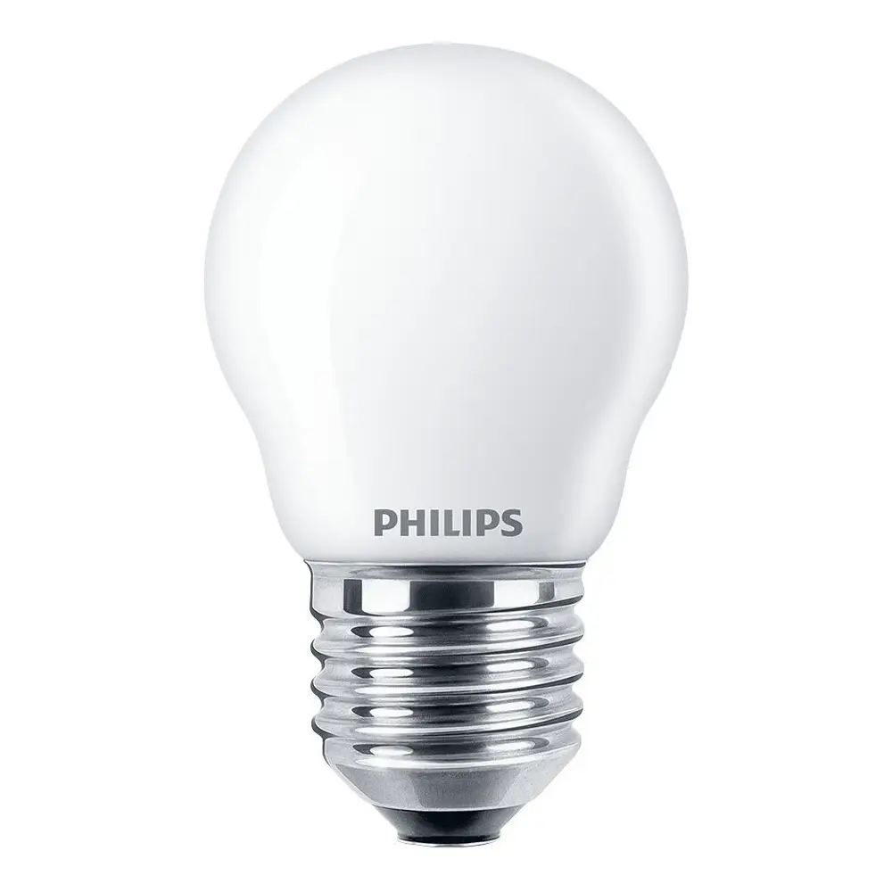 Bombilla esférica LED Philips 60W equivalente E27 4000K luz fría mate no regulable vista frontal.