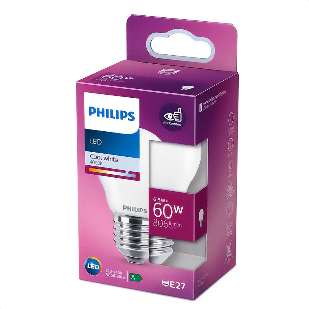 Caja de bombilla esférica LED Philips 60W equivalente E27 4000K luz fría mate no regulable.