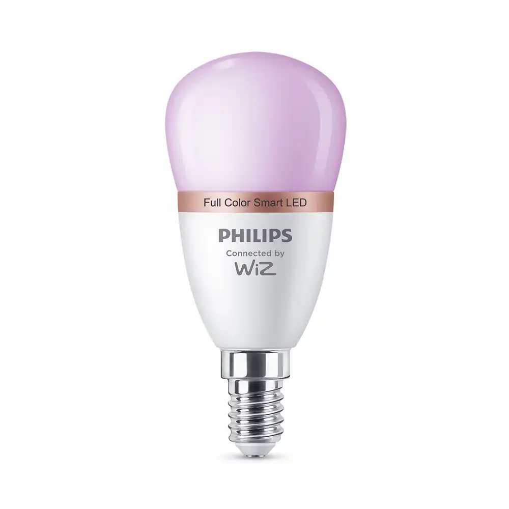 Bombilla esférica LED E14 Philips WiZ RGB 4,9W luz regulable 2200K-6500K acabado mate.
