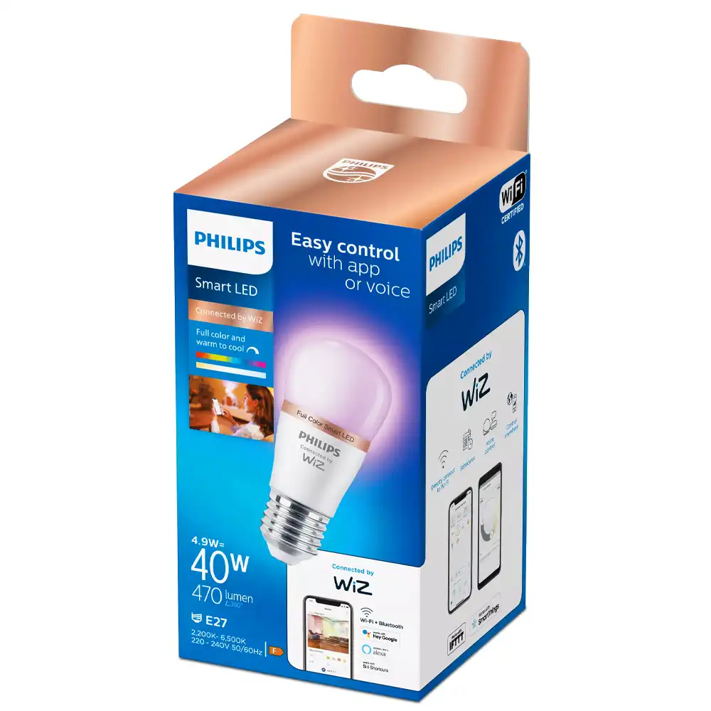 Bombilla esférica LED E27 Philips WiZ RGB 4,9W 2200K-6500K con caja original.