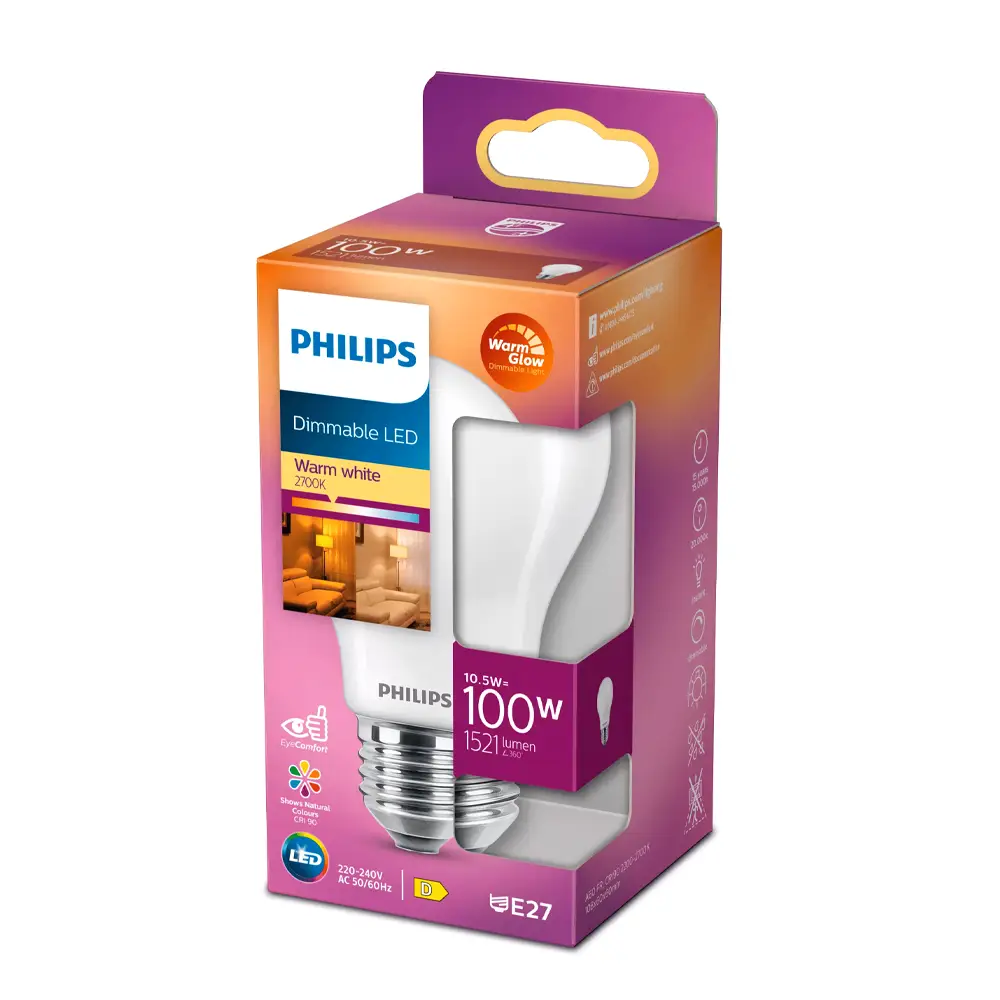 Caja de bombilla estándar LED Philips 100W equivalente E27 2200K-2700K White Glow regulable.