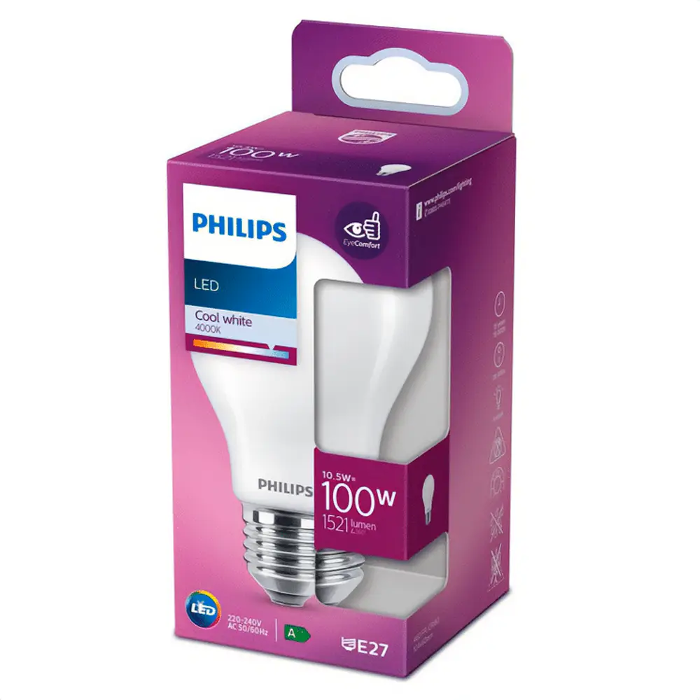Caja de bombilla estándar LED Philips 100W equivalente E27 4000K luz fría mate no regulable.