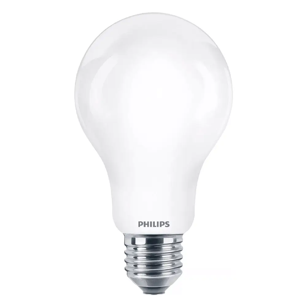 Bombilla estándar LED Philips 150W equivalente A67 E27 2700K luz cálida mate no regulable vista frontal.