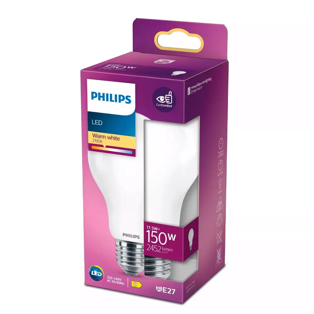 Caja de bombilla estándar LED Philips 150W equivalente A67 E27 2700K luz cálida mate no regulable.