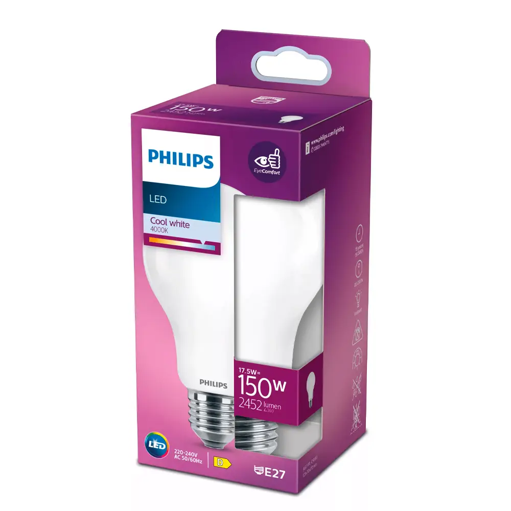 Caja de bombilla estándar LED Philips 150W equivalente A67 E27 4000K luz fría mate no regulable.