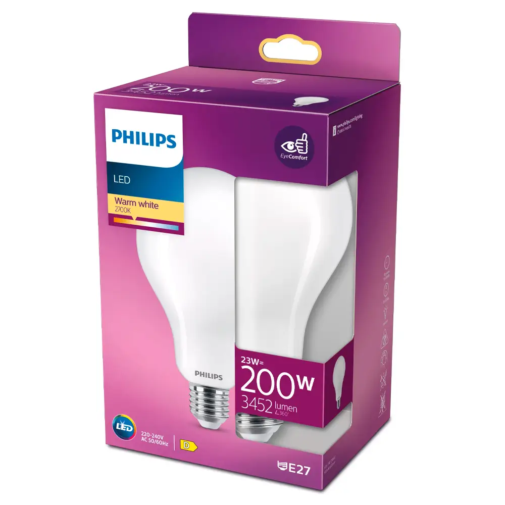Caja de bombilla estándar LED Philips 200W equivalente A95 E27 2700K luz cálida mate no regulable.